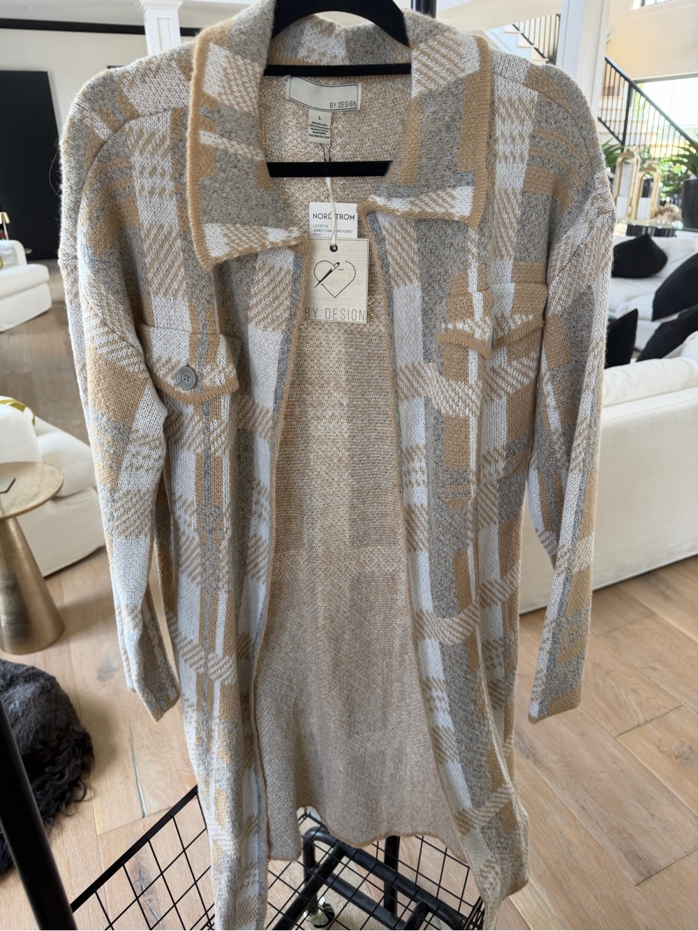 Nordstrom Beige & Gray Plaid Longline Cardigan